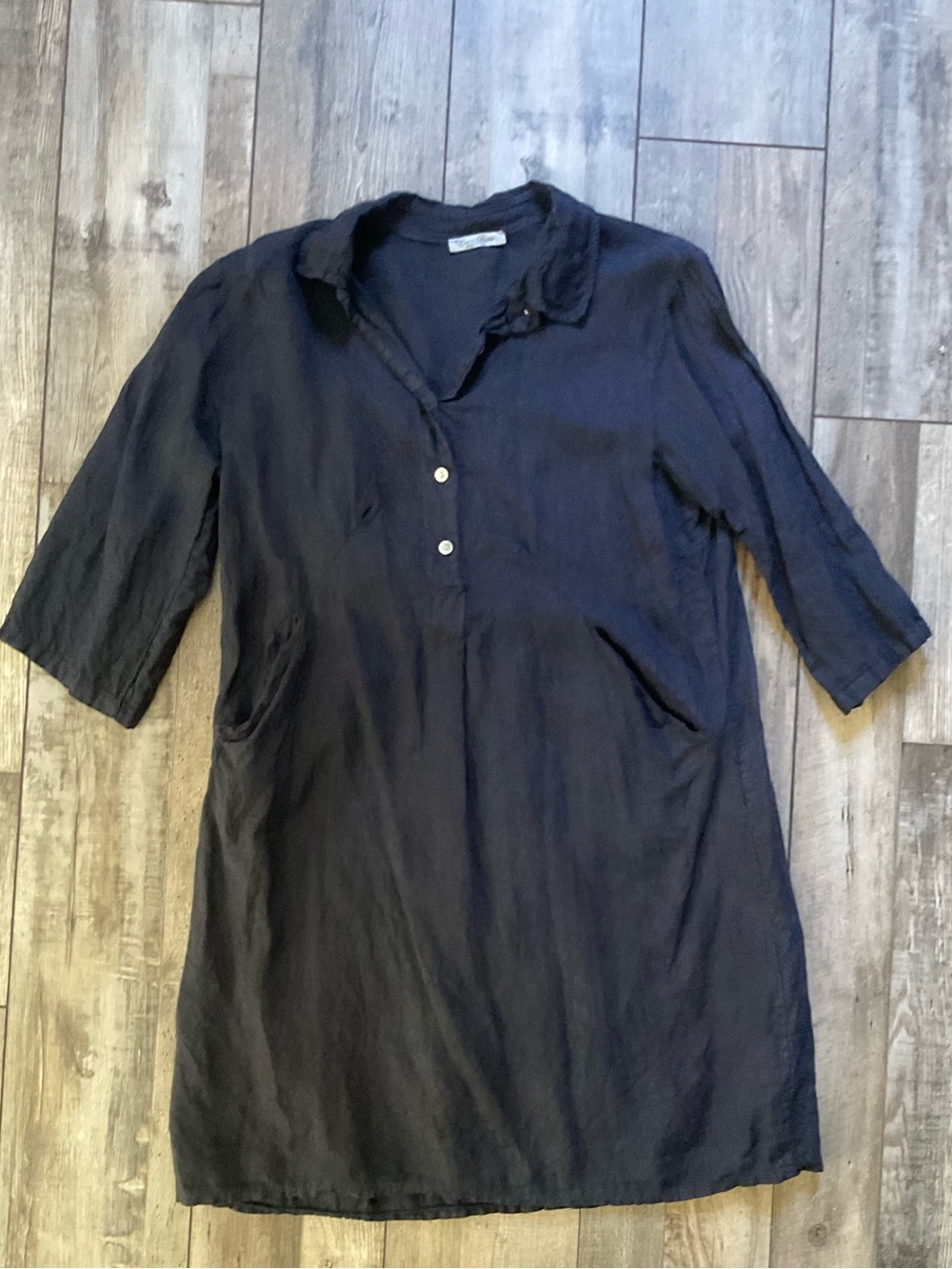 Elena Baldi Relaxed Navy Midi Shirt Dress with Three-Quarter Sleeves
